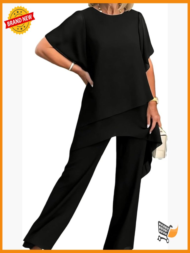 2 Piece Chiffon Blouse And Pant Set Women Summer Loose Fit Short Sleeve Dressy